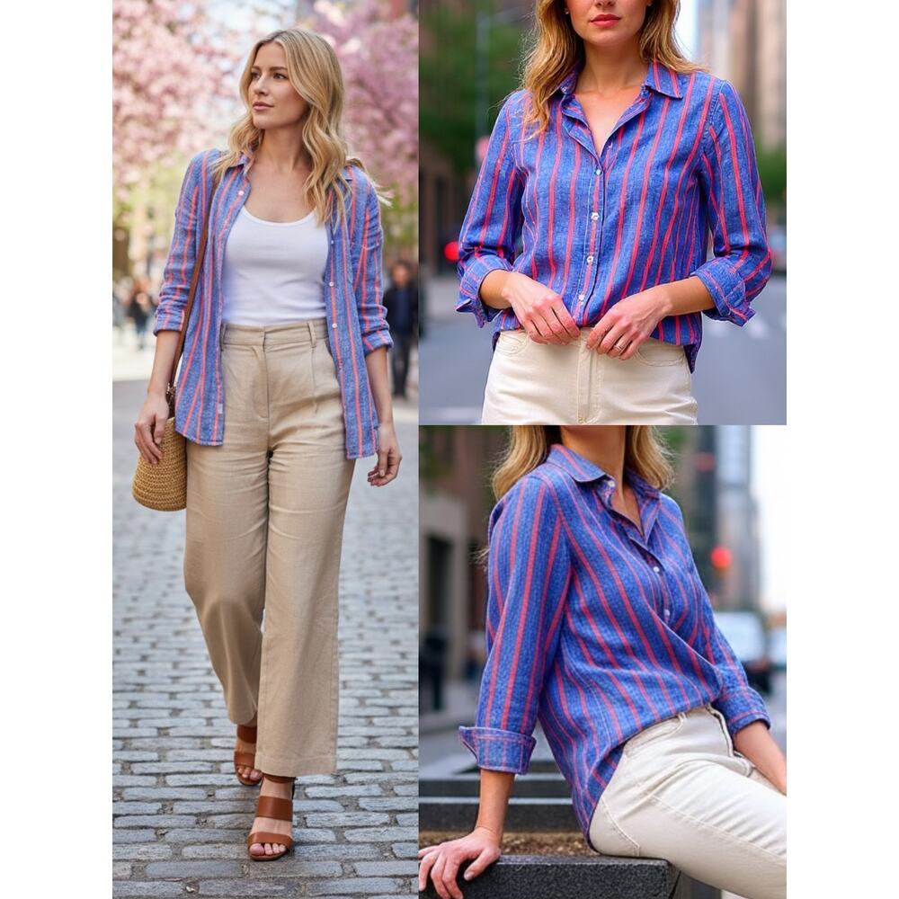 FRANK & EILEEN SHIRT TOP BARRY LINEN CASUAL COASTAL STRIPED RESORT VACATION